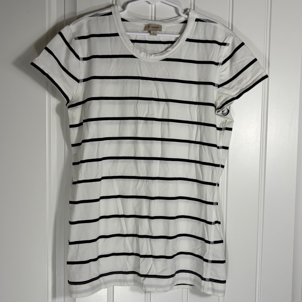 Cremieux Womens Striped Short Sleeve T-Shirt White Navy Blue Cotton Blend S